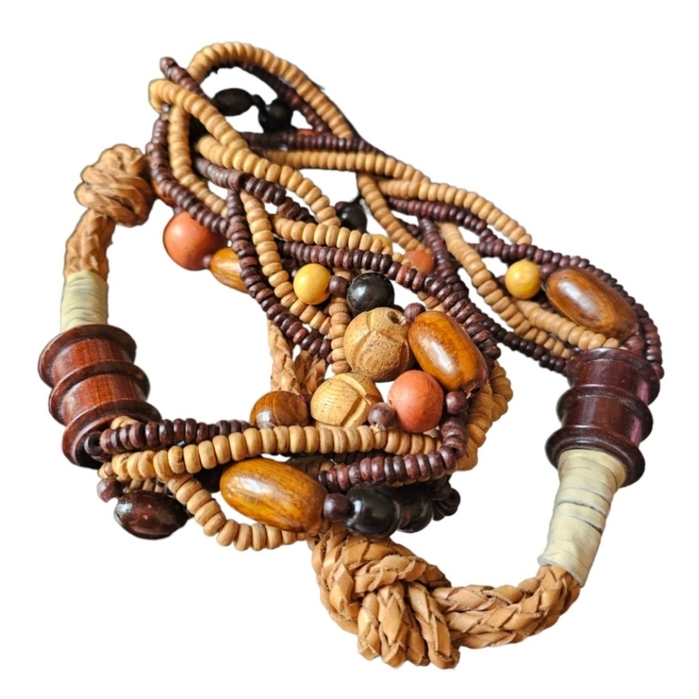 Abercrombie 90s Y2K Boho wooden beaded rope belt S/M 32 beach 70s festival - Picture 2 of 6